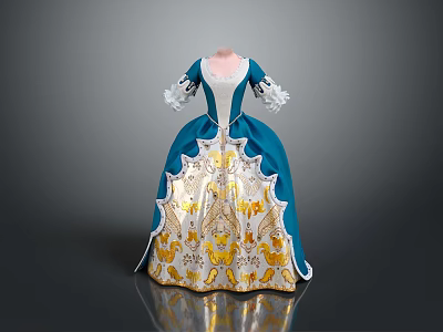 Blue And White Historical Gown With Gold Floral Embroidery Details 3d model