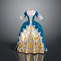 Blue And White Historical Gown With Gold Floral Embroidery Details
