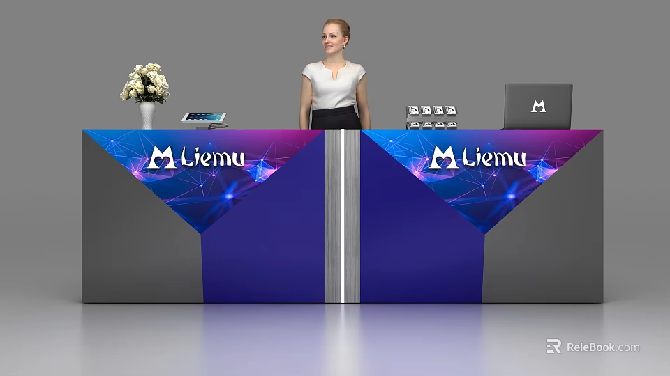 Modern Liemu Reception Desk With Purple Blue Design Flower Arrangement Laptop And Calculator 3d model 