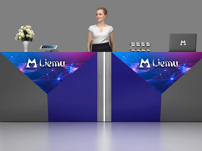 Modern Liemu Reception Desk With Purple Blue Design Flower Arrangement Laptop And Calculator 3d model
