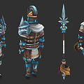 Detailed Character Armor Design With Blue Brown Accents And Weapons Front Back View
