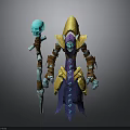 Woman Wizard Character With Blue Skin Golden Helmet Purple Robe And Skull Staff