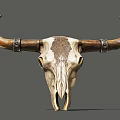 Artistic Bull Skull Sculpture With Intricate Carvings And Decorated Horns