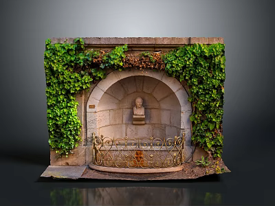 Ancient Stone Fountain Covered With Green Ivy Central Bust Statue And Metal Railings 3d model