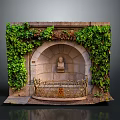 Ancient Stone Fountain Covered With Green Ivy Central Bust Statue And Metal Railings