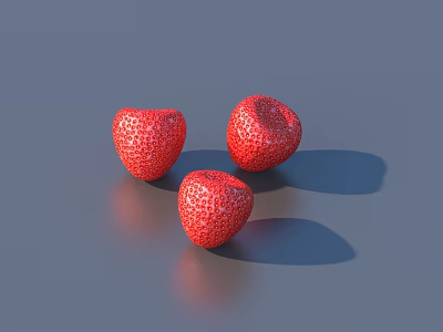 Three Red Strawberries With Textured Surface On Gray Background With Shadows And Reflections 3d model