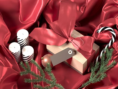 Festive Decorative Ornament Set With Gift Box Red Bow Candles And Pine Branches 3d model