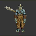 Mythical Blue Horned Creature 3D Model With Spear Brown Pants And Arm Wraps