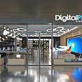 Modern Digital Store Interior With Hexagonal Ceiling Lighting Display Shelves And Electronic Products 3d model