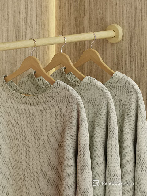 Organized Walk-in Closet with Wooden Hangers and Beige Sweaters on Wooden Walls 3d model 