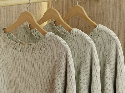 Organized Walk-in Closet with Wooden Hangers and Beige Sweaters on Wooden Walls 3d model