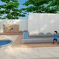Outdoor Children Playground With Sand Area Blue Water Channels And Green Trees