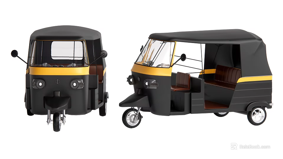 Black And Yellow Three Wheeled Tuk Tuk With Front And Side View Design 3d model 