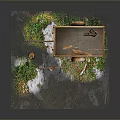 Outdoor Wooden Trailer Scene With Grill Grass Stones And Wheel