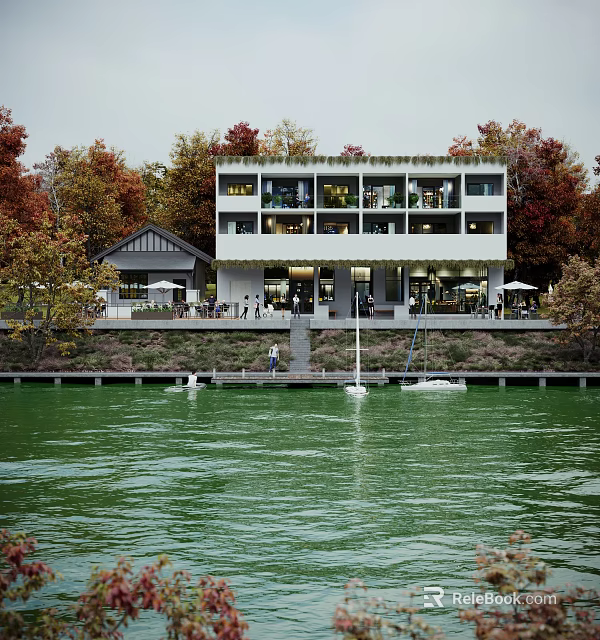 Waterfront Commercial Street with Modern Building Autumn Trees Outdoor Seating and Boats 3d model 