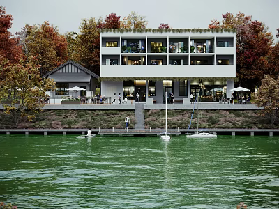 Waterfront Commercial Street with Modern Building Autumn Trees Outdoor Seating and Boats 3d model