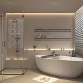 Modern Minimalist Bathroom Interior With Freestanding Bathtub Glass Shower Enclosure Shelves And Blinds
