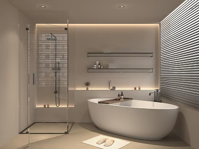 Modern Minimalist Bathroom Interior With Freestanding Bathtub Glass Shower Enclosure Shelves And Blinds 3d model