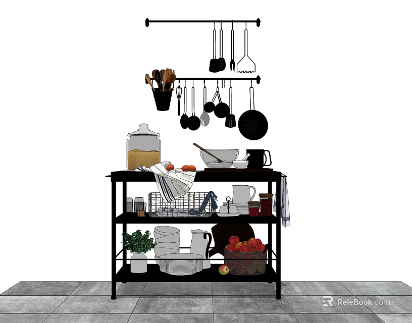 Organized Kitchen Utensils Cookware On Rolling Cart With Hanging Tools And Fruit Basket 3d model 