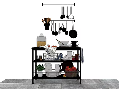Organized Kitchen Utensils Cookware On Rolling Cart With Hanging Tools And Fruit Basket 3d model