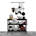Organized Kitchen Utensils Cookware On Rolling Cart With Hanging Tools And Fruit Basket