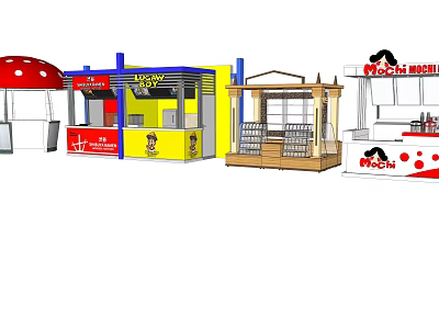 Vibrant Commercial Street With Colorful Food Stalls Red Mushroom Canopies And Wooden Pavilions 3d model