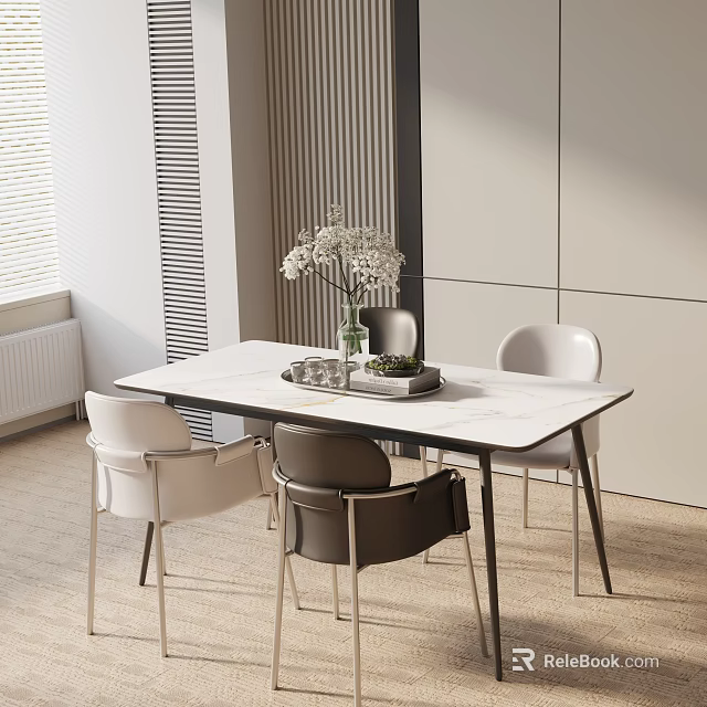 Modern Dining Table Set With Marble Top White Gray Chairs And Flower Vase 3d model 