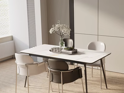 Modern Dining Table Set With Marble Top White Gray Chairs And Flower Vase 3d model