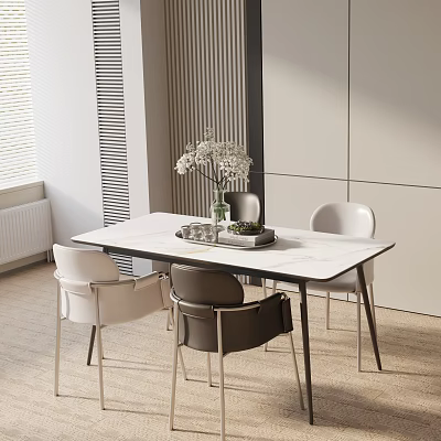 Modern Dining Table Set With Marble Top White Gray Chairs And Flower Vase 3d model