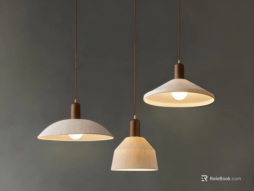 Three Linen Shade Pendant Lights With Brown Bases Illuminated On Gray Background 3d model 
