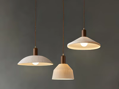 Three Linen Shade Pendant Lights With Brown Bases Illuminated On Gray Background 3d model