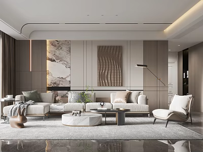 Elegant Modern Living Room Interior Design With Sofa Coffee Table And Decorative Art 3d model