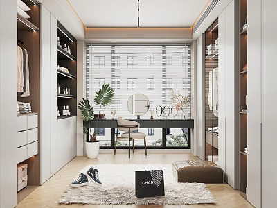 Modern Walk in Closet Interior With White Cabinets Dressing Table Mirror Potted Plant And Shoes 3d model