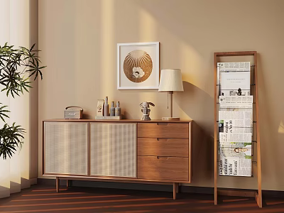 Interior Design Featuring Beige Wall Wooden Cabinet Table Lamp Framed Art Green Plant And Sunlight 3d model