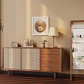 Interior Design Featuring Beige Wall Wooden Cabinet Table Lamp Framed Art Green Plant And Sunlight