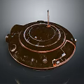 Sleek Reflective Metallic Circular Structure With Layered Design And Central Rod