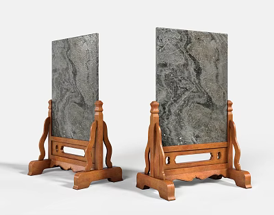 Two Elegant Grey Marble Room Dividers With Carved Wooden Bases And Natural Texture 3d model