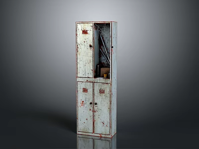 Vintage Metal Locker Cabinet With Rusted White Finish Double Door Industrial Style Furniture 3d model