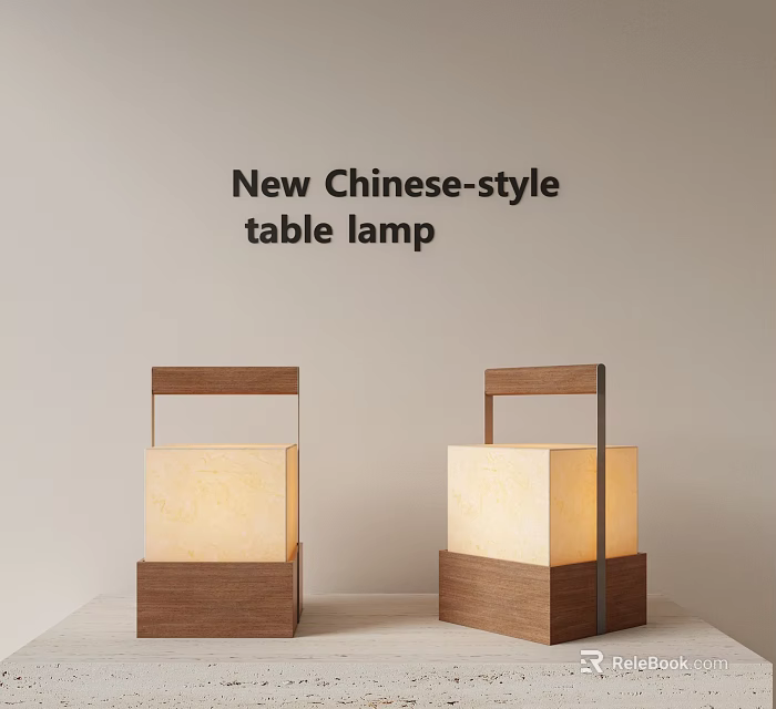 New Chinese Style Table Lamp With Wooden Base And Cream Colored Square Shade 3d model 