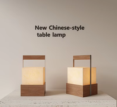 New Chinese Style Table Lamp With Wooden Base And Cream Colored Square Shade 3d model