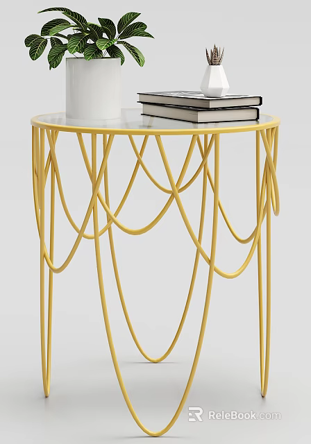 Modern Round Side Table With Yellow Metal Curved Frame And Glass Top Holding Books 3d model 