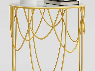 Modern Round Side Table With Yellow Metal Curved Frame And Glass Top Holding Books 3d model
