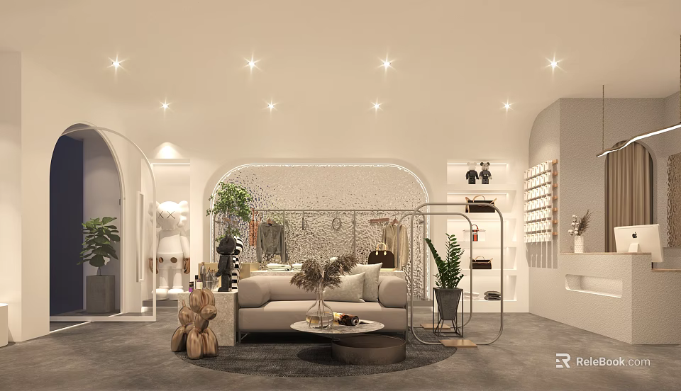 Modern Clothing Store Open Space With Sofa Green Plants Shelves And Decorative Ornaments 3d model 