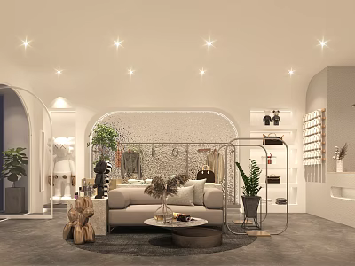 Modern Clothing Store Open Space With Sofa Green Plants Shelves And Decorative Ornaments 3d model