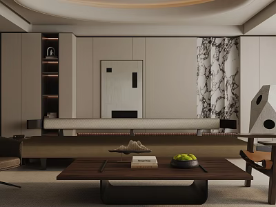 Elegant Warm Modern Living Room With Wooden Coffee Table And Full Wall Storage Cabinets 3d model