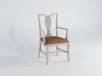 Elegant Dining Chair With White Frame Armrests Carved Backrest And Brown Padded Seat 3d model