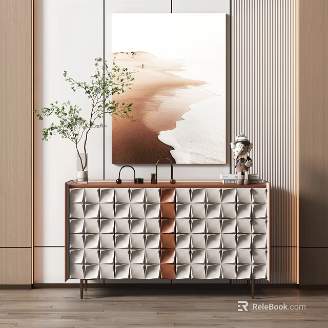 Modern Entryway Console Table With Geometric Pattern Abstract Wall Art Green Plant Vase And Decorative Ornament 3d model 