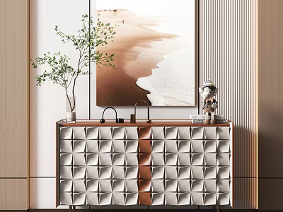 Modern Entryway Console Table With Geometric Pattern Abstract Wall Art Green Plant Vase And Decorative Ornament 3d model