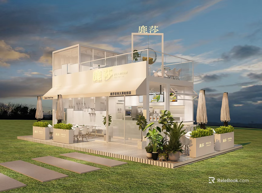 Modern Outdoor Pavilion With White Structure Awning Green Plants Seating Area On Grass 3d model 