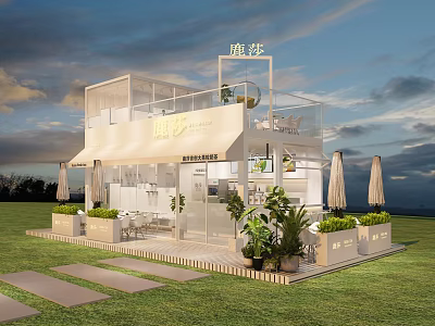 Modern Outdoor Pavilion With White Structure Awning Green Plants Seating Area On Grass 3d model